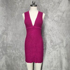 House of Harlow 1960 Ribbed V Neck Bodycon Mini Dress Fuchsia Pink Small Chic